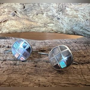 Sterling Silver 925 MOP Drop Earrings Abalone Circle Mother of Pearl Dainty 2cm